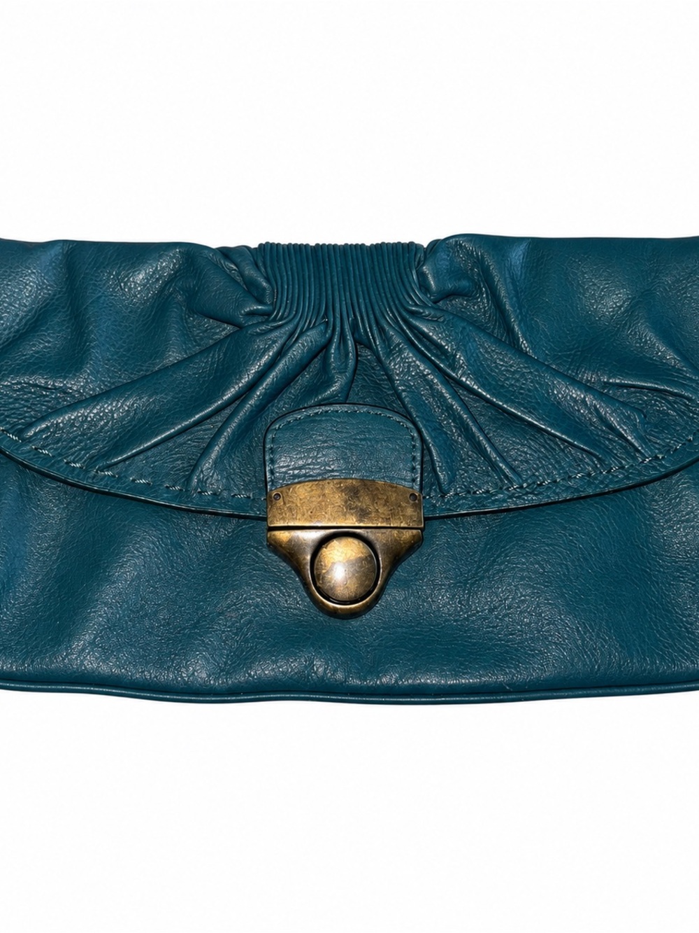 Vintage Kate Landry Teal Fold-Over Leather Clutch with Brass Clasp